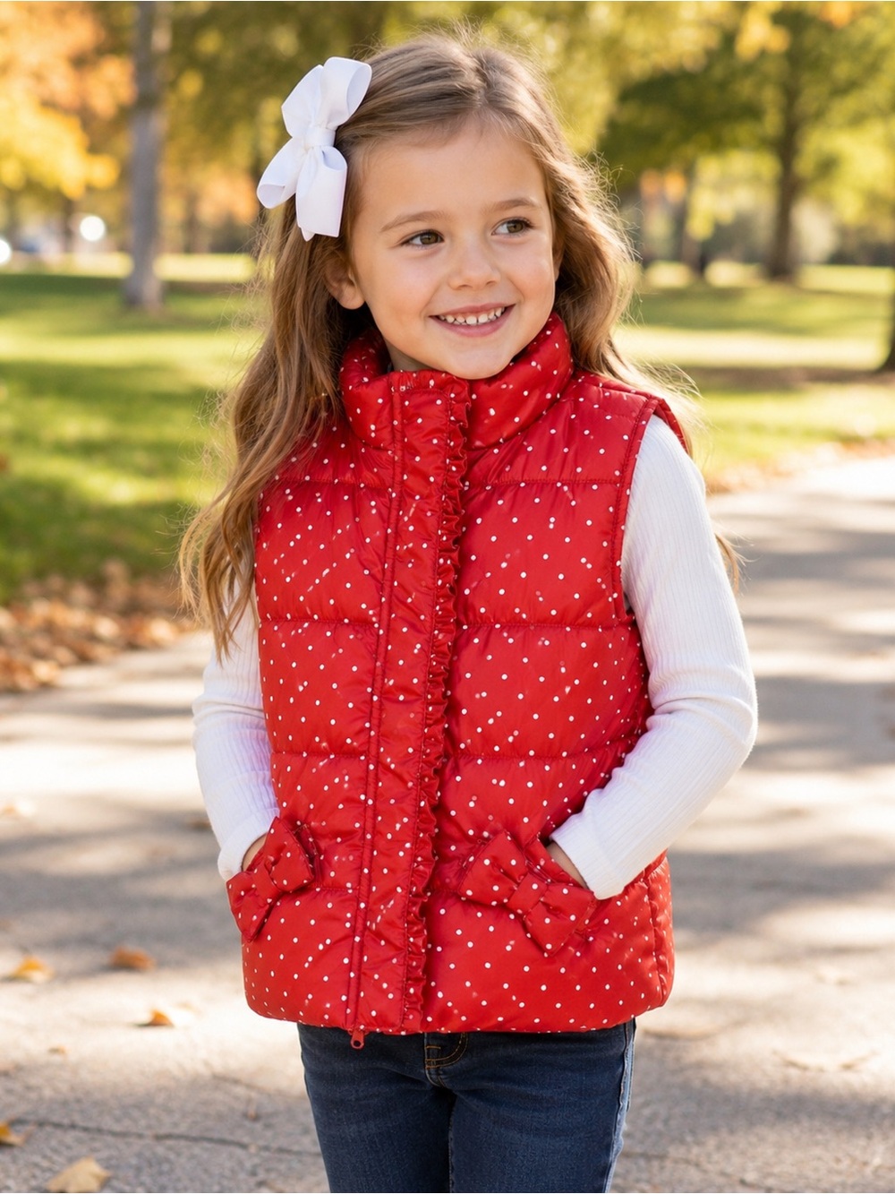 Kids Headquarters Girls Size 6 Red White Polka Dot Puffer Vest Bow Pockets NWT